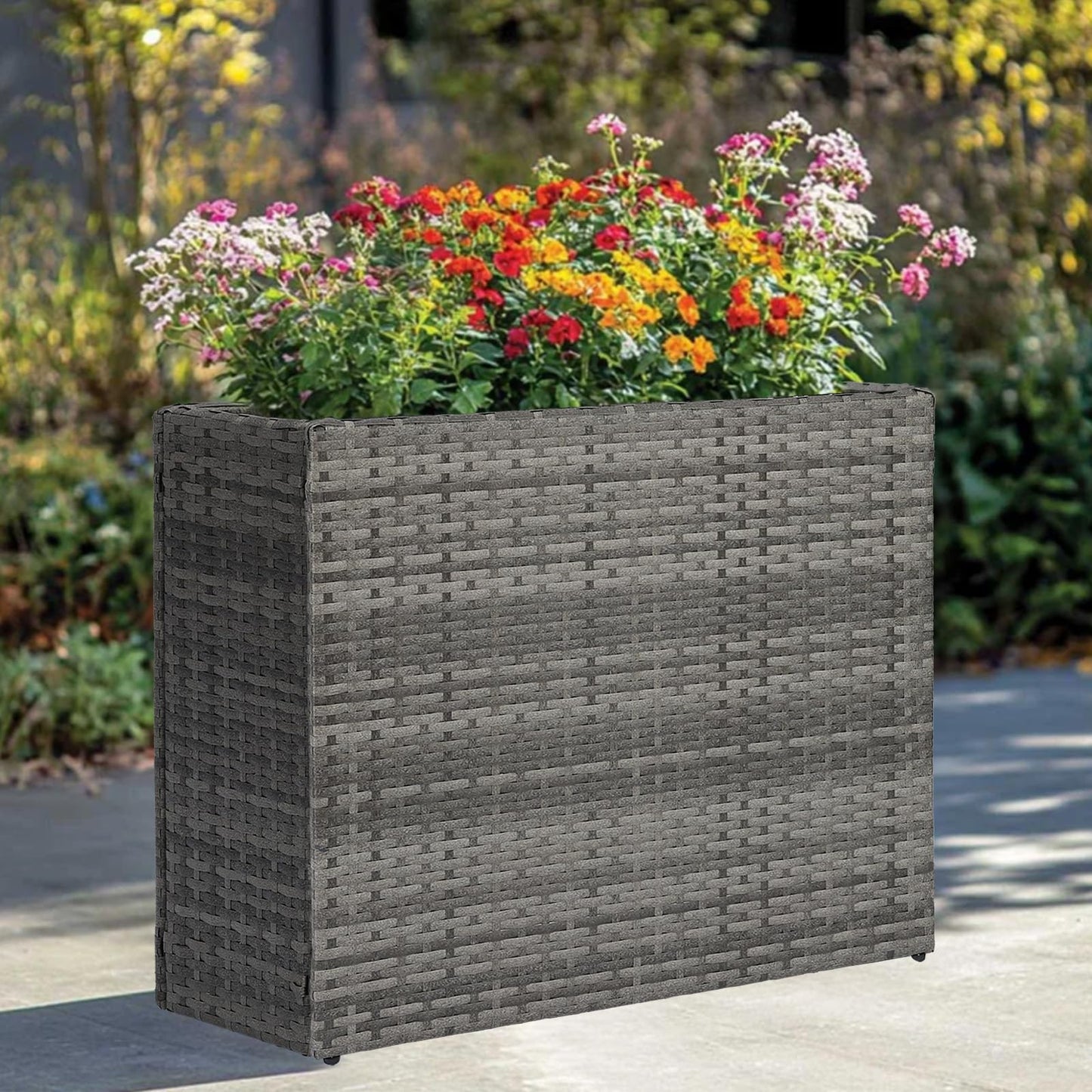 SUNNYPARK Gray Rectangular Planter Box All-Weather PE Rattan Large Modern Planters with Removable Liner Indoor Outdoor Decorative Flower Pot for Patio, Balcony, Garden