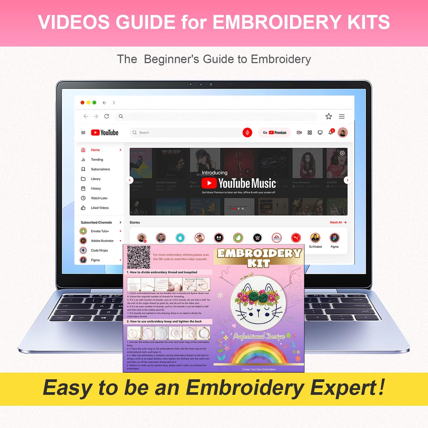 Huacan Embroidery Kit for Beginners Flower Pattern Printed Fabric with Hoop & Full Tools