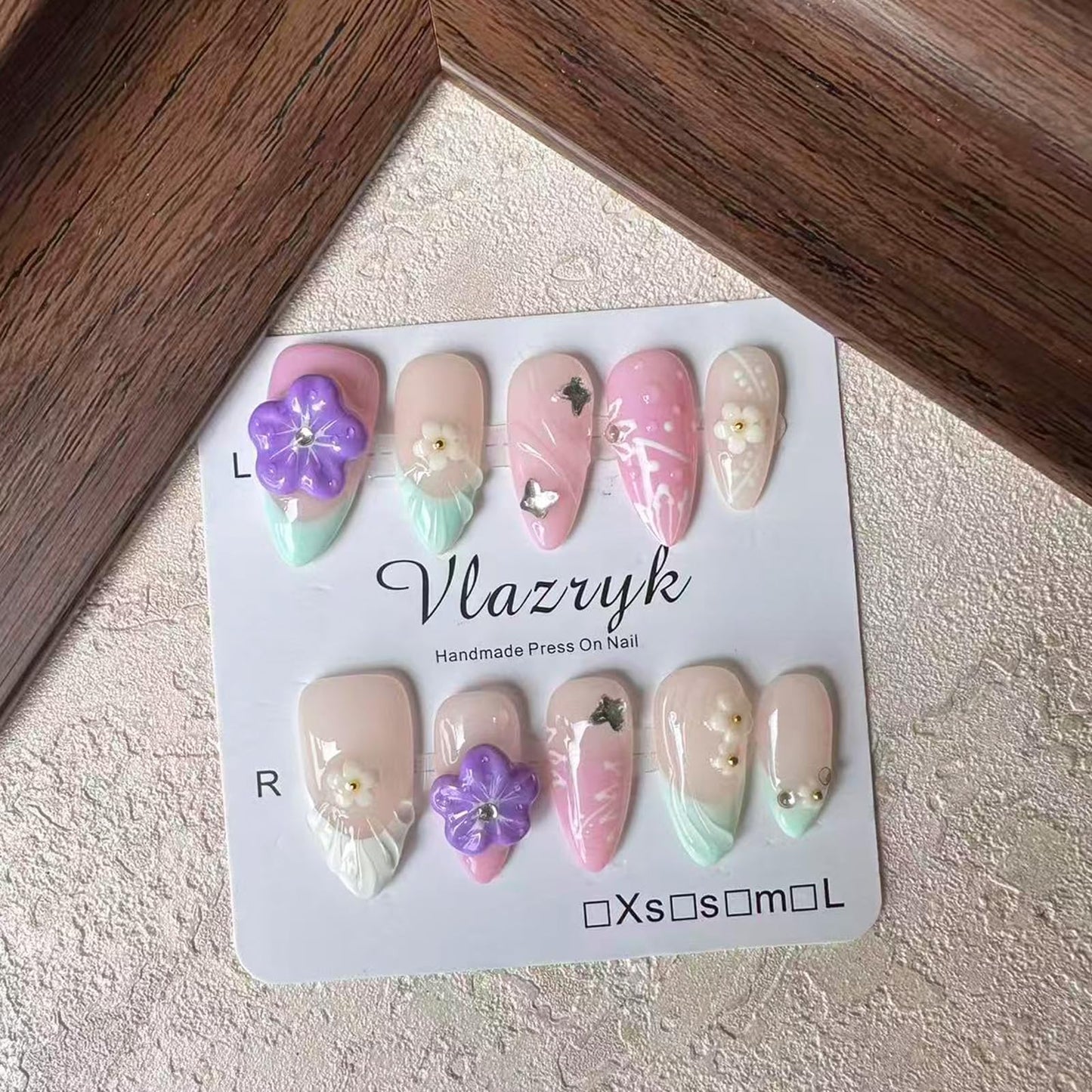 Handmade Press On Nails – Summer Medium Almond Pink Purple Gradient French Tip Fake Nails,with 3D Flower Rhinestones – Thick Acrylic & Multi-Layer Gel, Reusable Luxury False Nails（S)