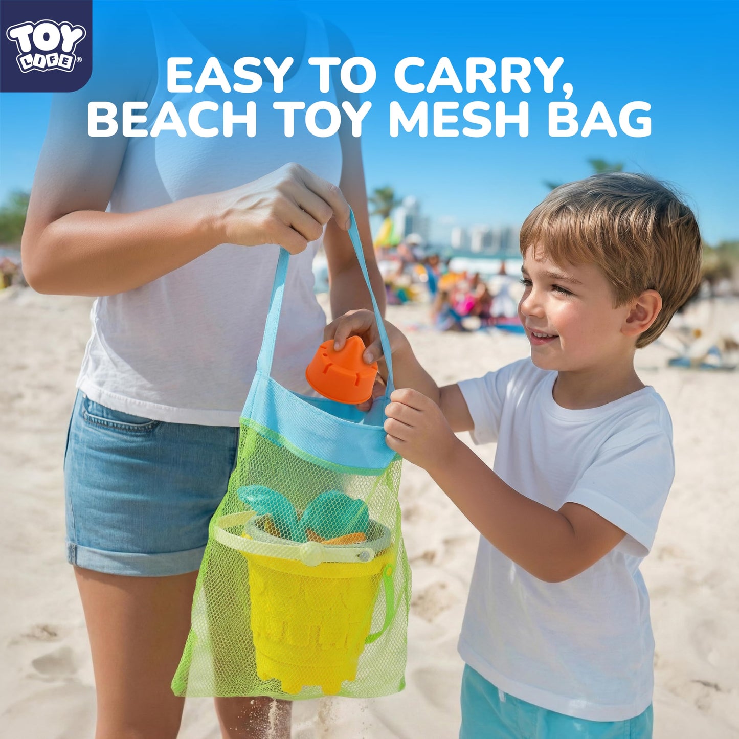TOY Life Kids Beach Sand Castle Bucket Set, 2 Buckets with Mesh Bag, 6 Molds, 2 Shovels, Colorful Plastic Beach Toys for Summer Play