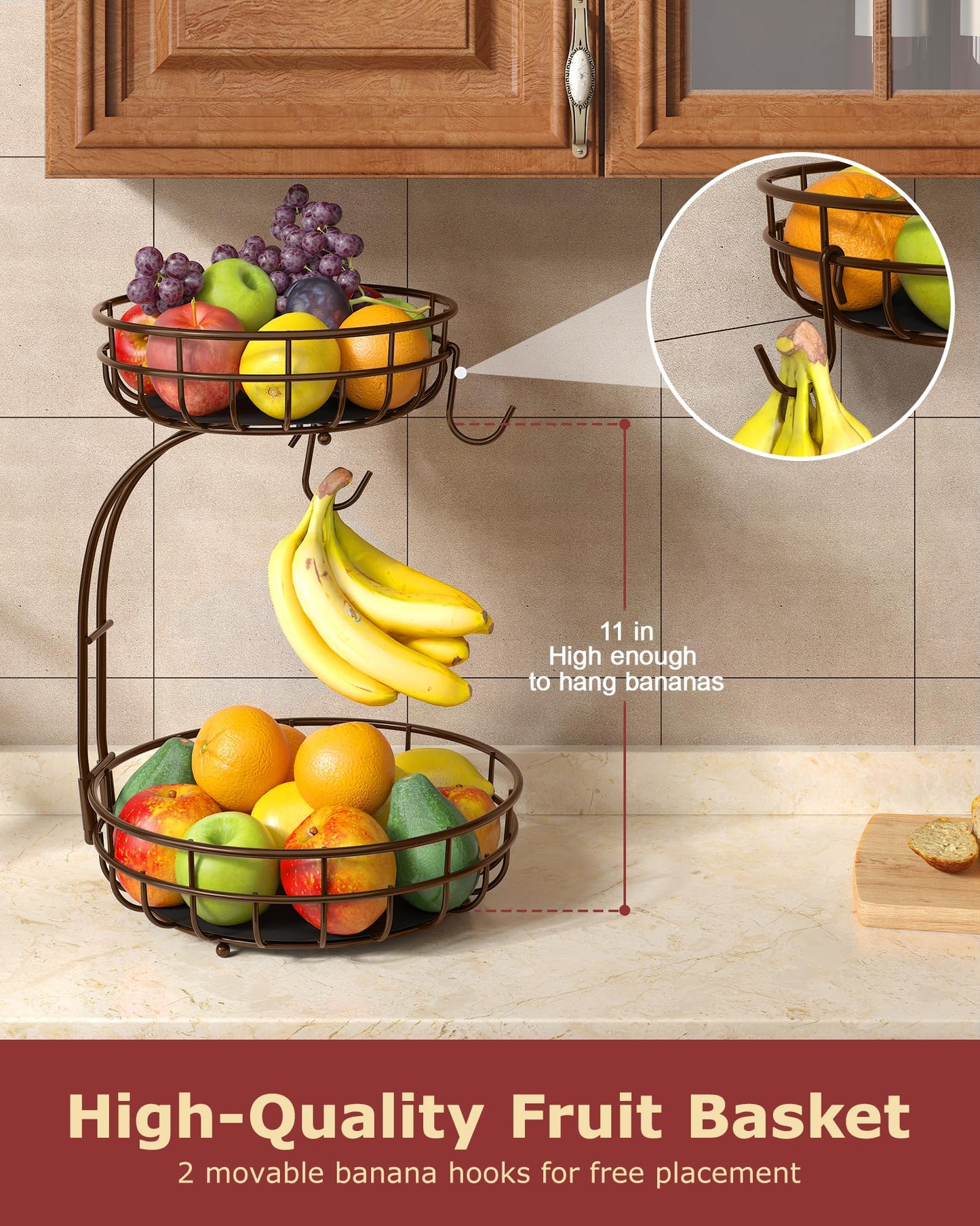 Sevenblue 2 Tier Large Fruit Basket for Kitchen Counter with Removable Banana Hanger - Sturdy Iron Fruit Bowl for Kitchen Counter and Vegetable Holder, Fruit Holder for Kitchen Countertop, Brown