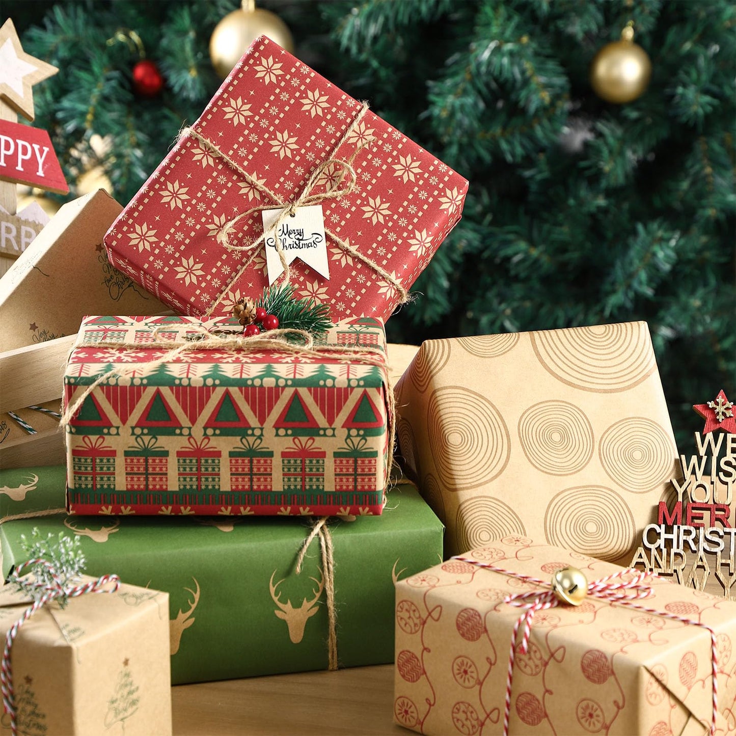 RUSPEPA Christmas Wrapping paper - Brown Kraft Paper with Red and Green Pattern For -Christmas Elements Collection-6 Roll-30Inch X 10Feet Per Roll