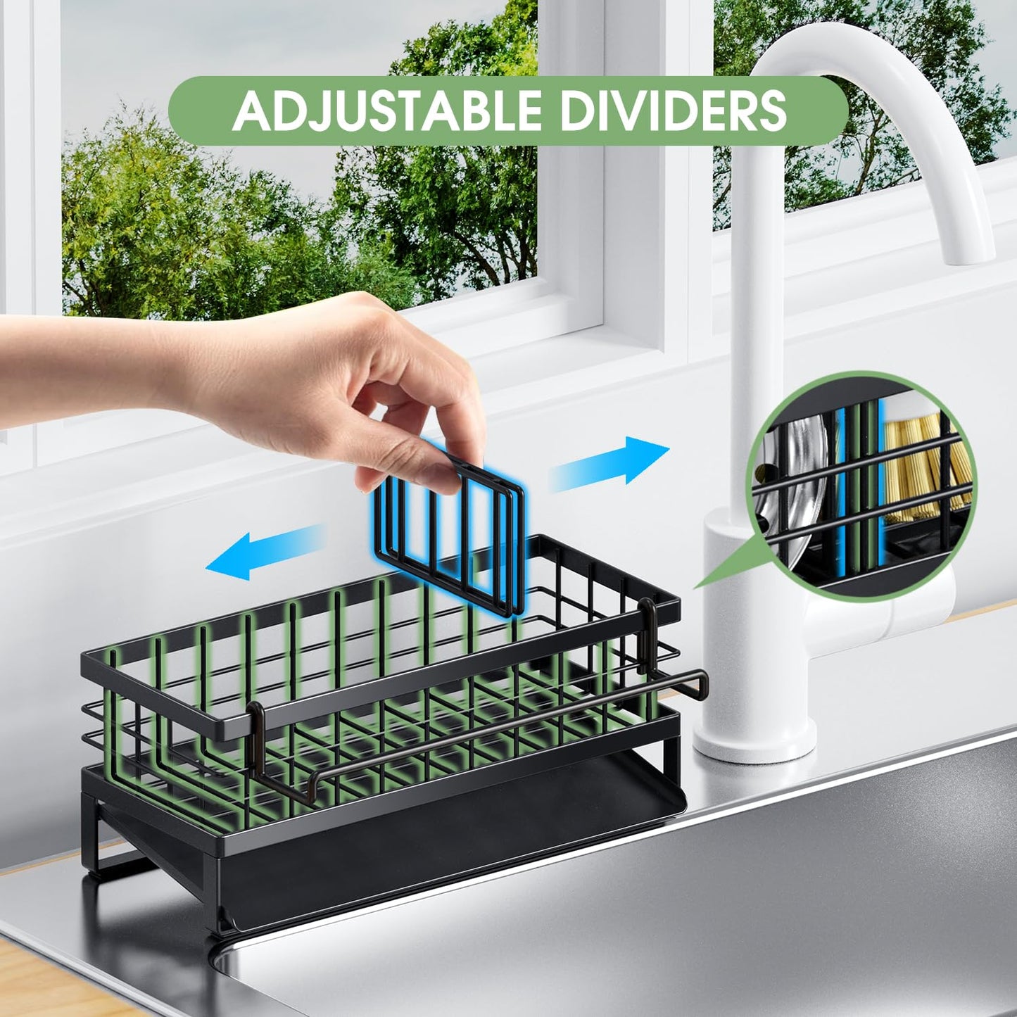 DYFVREN Self-Draining Kitchen Sink Caddy, Rustproof Non-Slip Metal Sponge Holder with Detachable Dish Cloth Holder (Black)