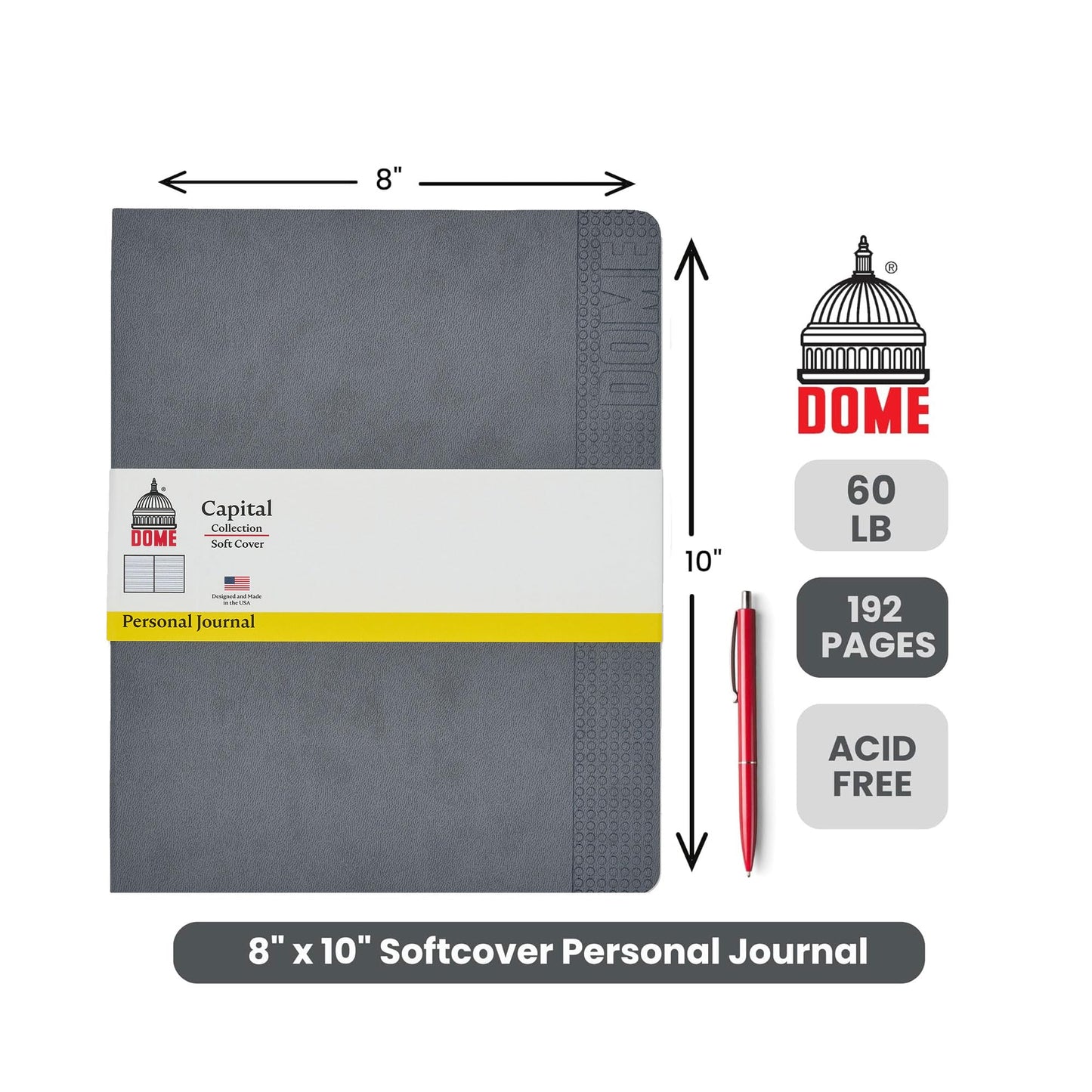 DOME Personal Journal – 8 x 10 Inch Softcover Lined Journal Notebook, 192 Pages, Grey Premium Acid-Free 60-lb Thick Paper, Inner Pocket, Made in USA