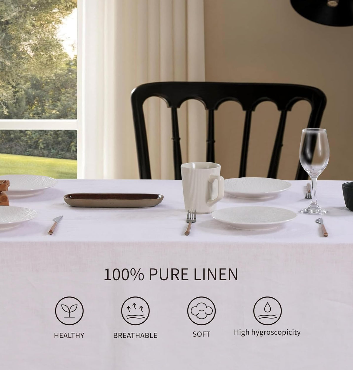 100% Pure Linen Scalloped Embroidery Rectangle Tablecloths 108Lx60W Inch for Dinners, Parties, Spring, Machine Washable, 8-10 Sets, White(Edges-Green)
