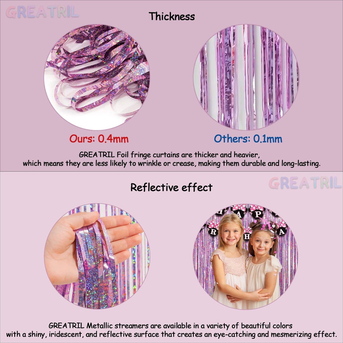 Pink Tinsel Curtain Party Backdrop - GREATRIL Foil Fringe Curtain Lilac Pink Party Streamers for Birthday Girl Themed Party Decorations - 2 Packs