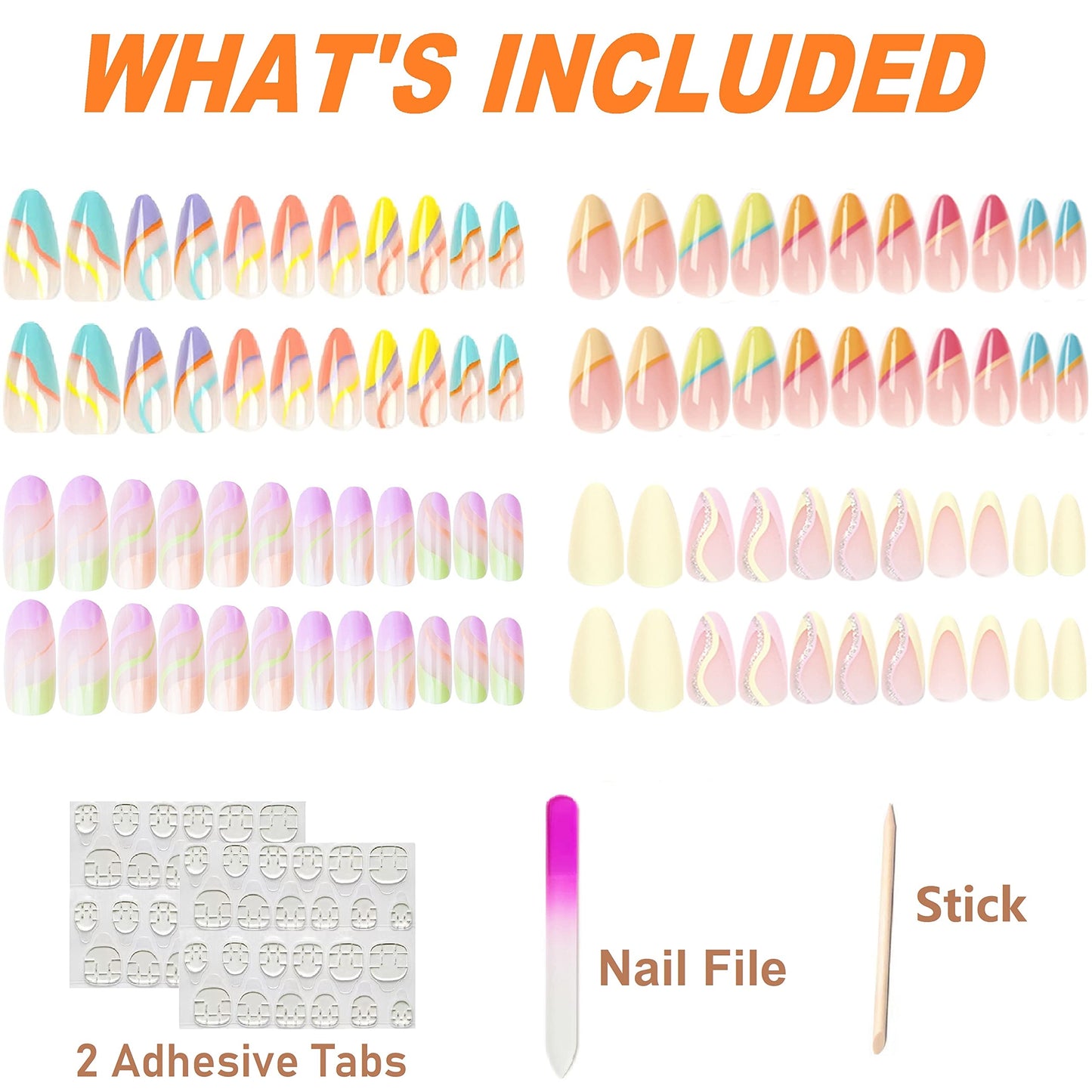 4 Packs (96 Pcs) Press on Nails Medium Almond Design, MMonesu Fake Nails Glue on Nails Set with Adhesive Tabs Nail File for Women