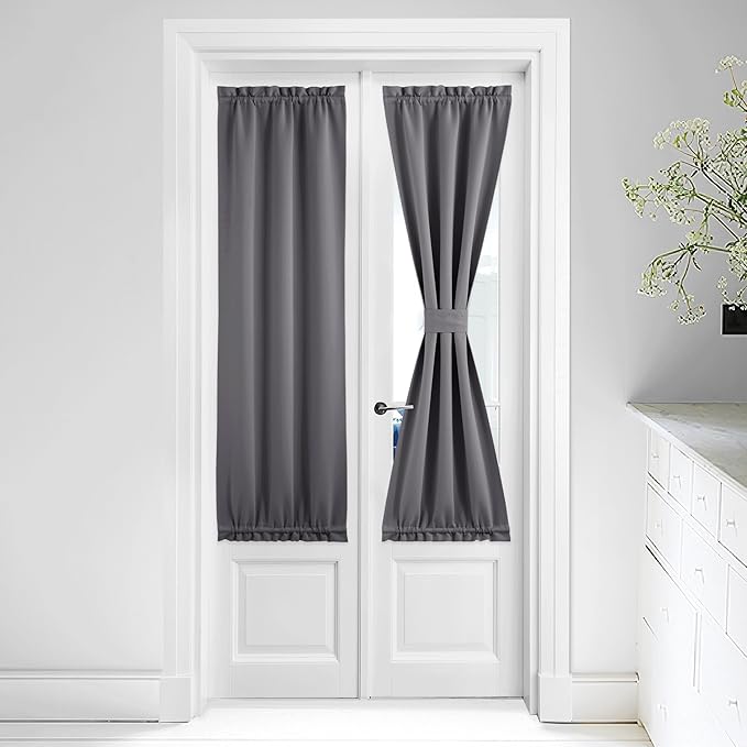 NICETOWN Door Curtain for Window - Privacy Room Darkening Thermal Insulated French Door Curtain with Tie Back Elegant Home Decoration, Classroom Shade, 1 Panel, 25 x 64 Inch, Grey
