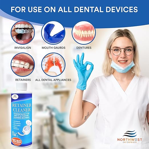 Ultrasonic Retainer Cleaner Solution Concentrate - Ultrasonic Denture Cleaner for Ultrasonic Machines - Cleans Mouthguards, Invisalign, and Nightguards - Odor, Stain and Discoloration Remover (16 oz)