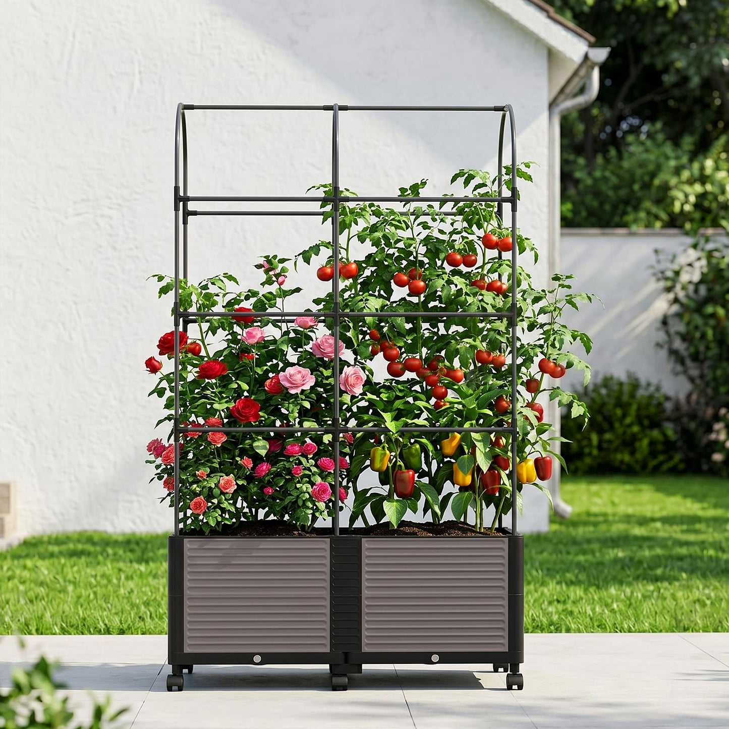 UrGROWA Raised Garden Bed Planter Box with Trellis, 72.8'' Tomato Planters for Climbing Plants Vegetable Vine Flowers Outdoor Patio Tomato Cage, Self Watering Planter with Wheels