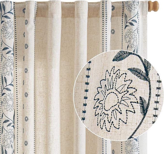 jinchan Winslow Linen Curtains 96 inches Long for Bedroom Embroidered Bordered Floral Curtains for Living Room Farmhouse Decor Light Filtering Window Treatments Blue on Beige Drapes 2 Panels