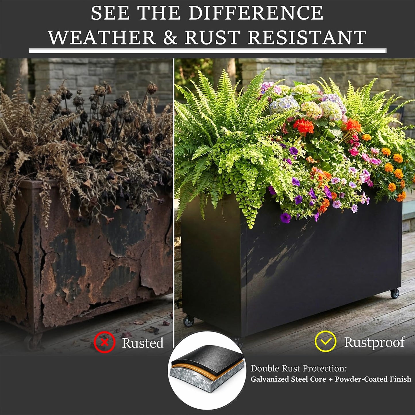 WIZWERK Metal Planter Box with Wheels, 36" Large Rolling Outdoor Planter with Drainage & Removable Shelf, Rectangular Planter Raised Garden Bed for Patio, Balcony, Porch & Backyard, Black