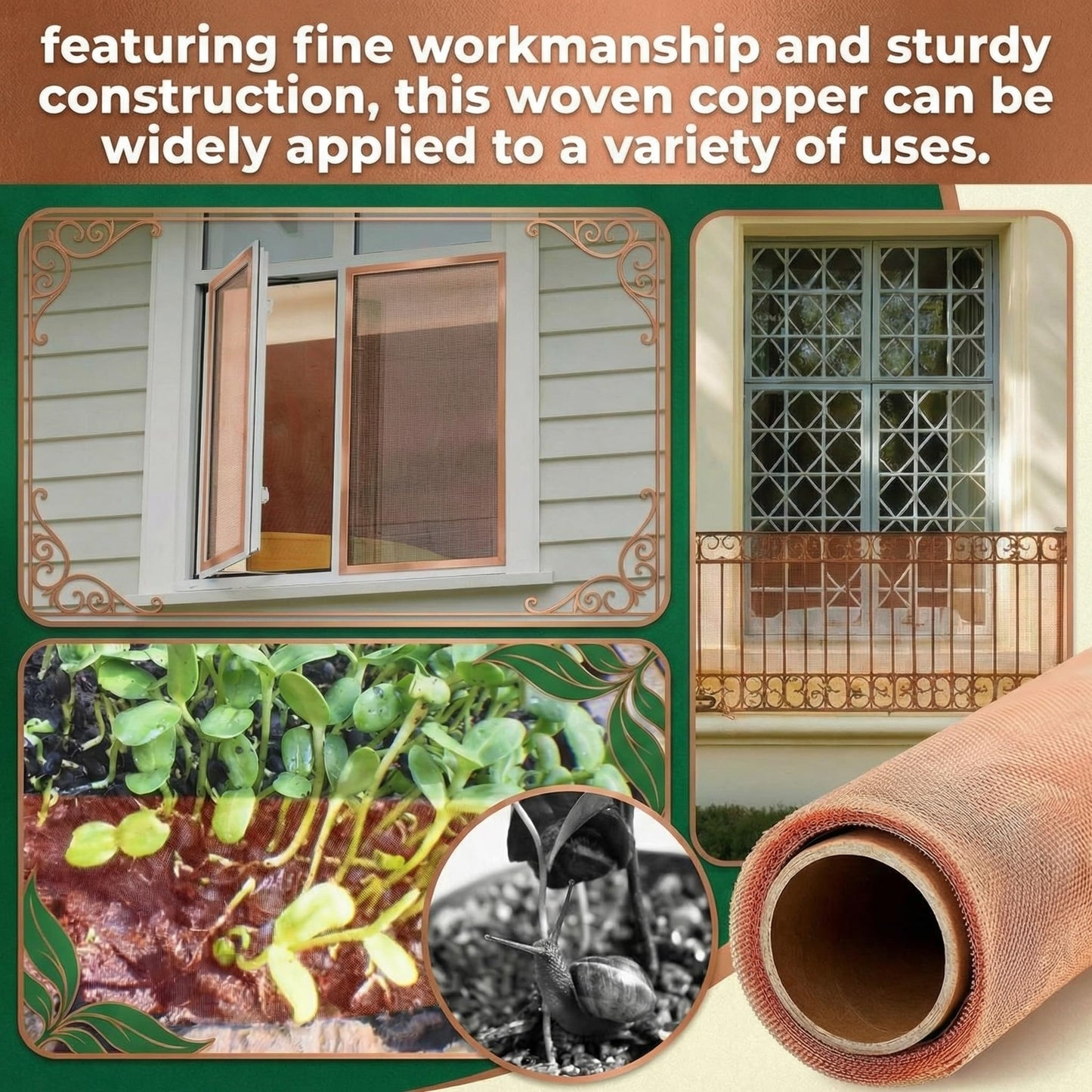 Therwen 12 Inch x 35 ft Copper Mesh Screen 99.9% Pure Copper 40 Mesh Roll Wire Fabric for Grounding Dense Filter Screen Woven Crafts Window Protection