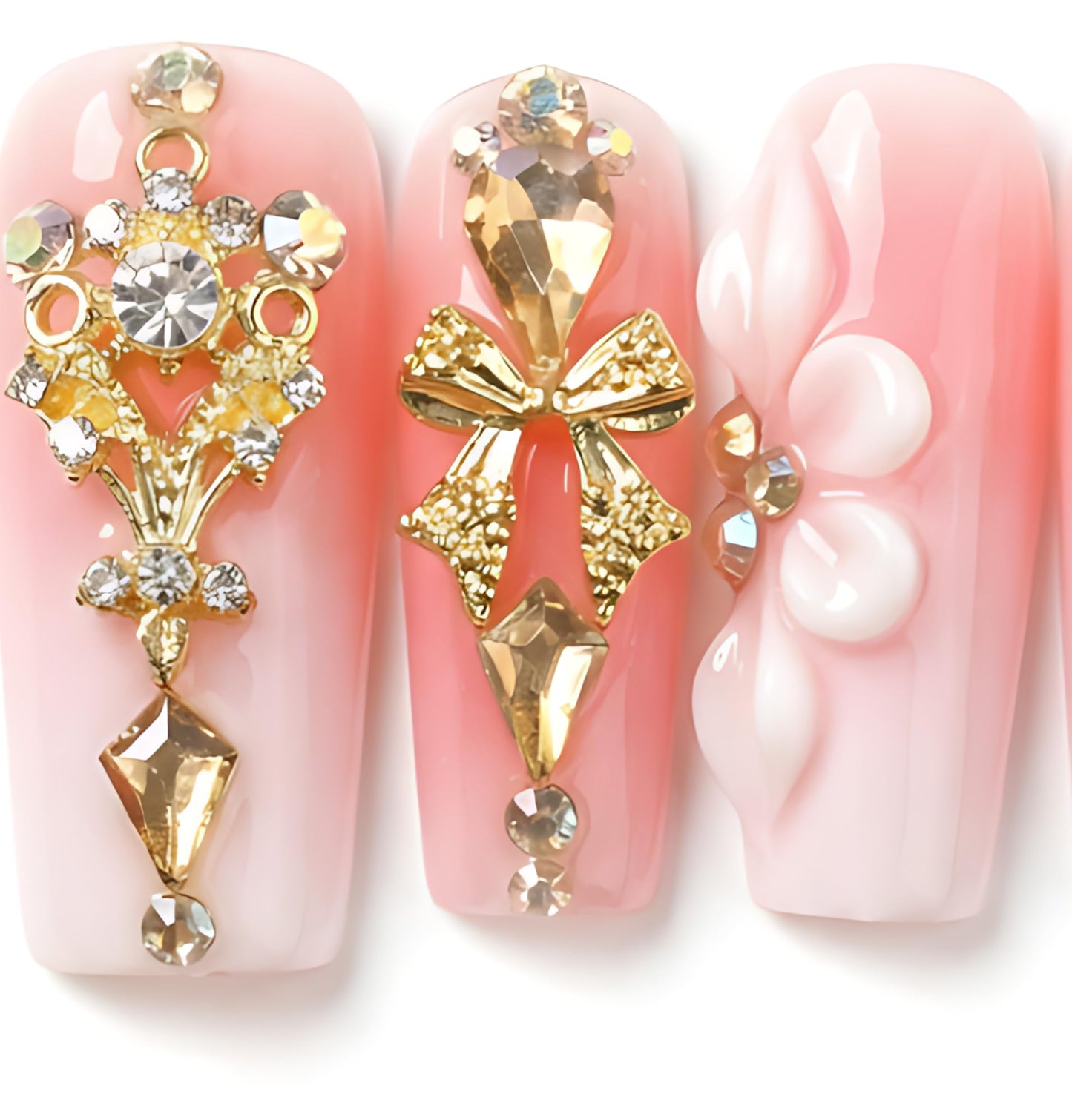 Long Square Press on Nails Handmade 3D Cute Glue on Nails for Women, Luxury Homemade Press on Nail Art Design, Fake Nails with 3D Nail Charms Size M 5