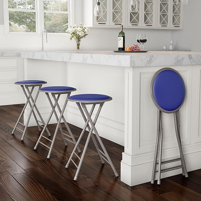 Lavish Home Folding Stool Set - Set of Four 24-Inch Padded Stools with 225lb Capacity for Kitchen, Dorm, or Rec Room - Portable Stools for Adults - Collapsible Sitting Stool Set for Seating (Blue)