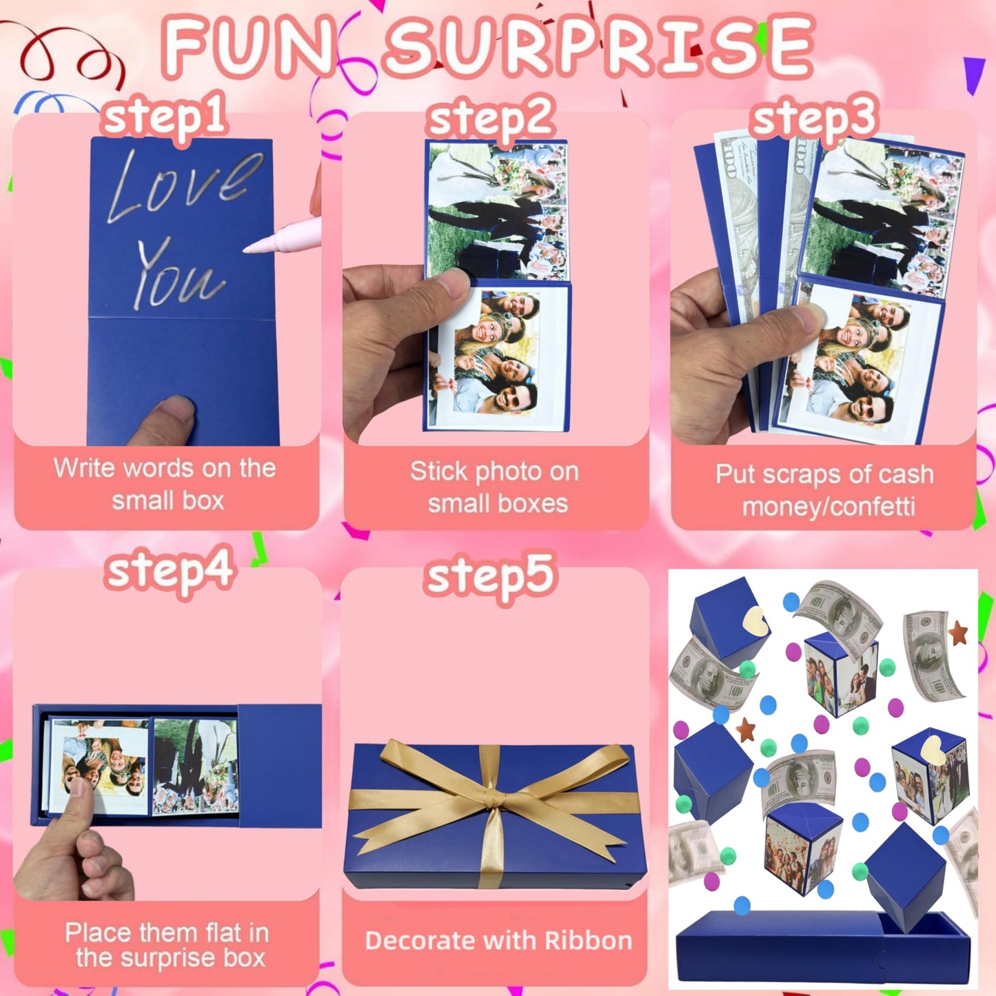 JINSTABAG Surprise Gift Box Explosion for Money, DIY Unique Folding Bouncing Cash Pop Up Gift Boxes for Birthday, Christmas, Anniversary, Valentine's Day. (Dark blue)