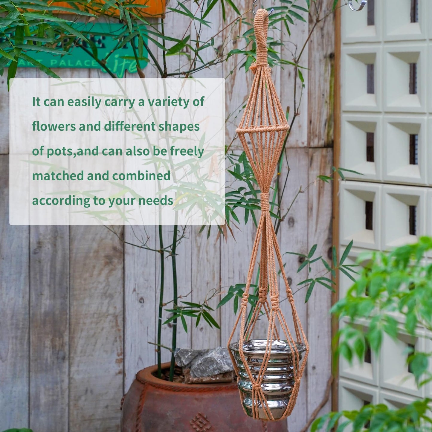 Hourglass Floating Macrame Plant Hangers 2 Pack Handmade Cotton Rope Hanging Planters Basket with S Hooks, Diamond Openwork Boho Home Decor for Indoor Outdoor, Plants Holder 35" & 39” (Caramel)