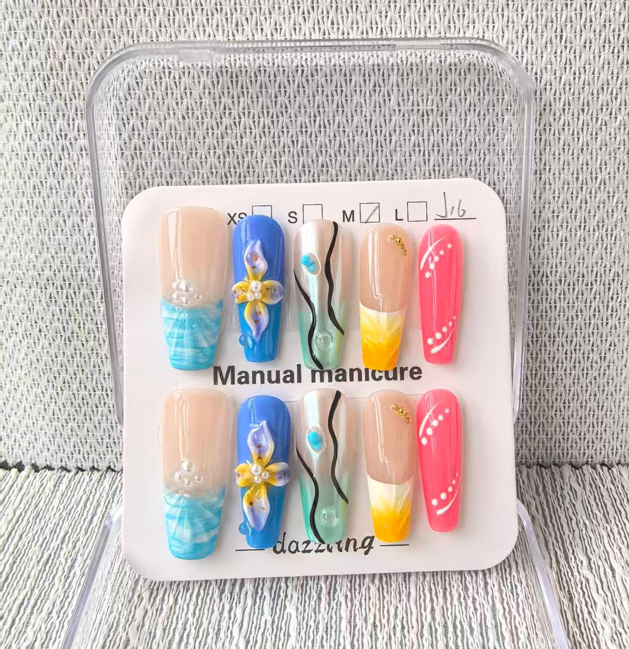 Handmade Press on Nails Long Coffin False Nails Blue French Tip with 3D Flower Designs Beach style Charm Cute luxury Sparkly Acrylic Nails for Women (Size M）10pcs