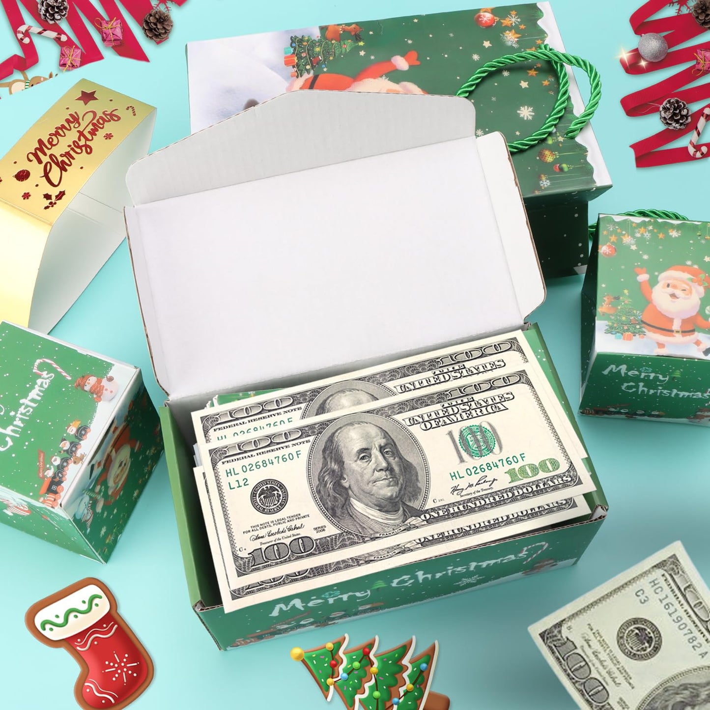 Surprise Gift Box Explosion for Money, Unique Folding Bouncing Red Envelope Gift Box with Confetti, Cash Explosion Luxury Box for Birthday Anniversary Valentine Proposal - Green Christmas