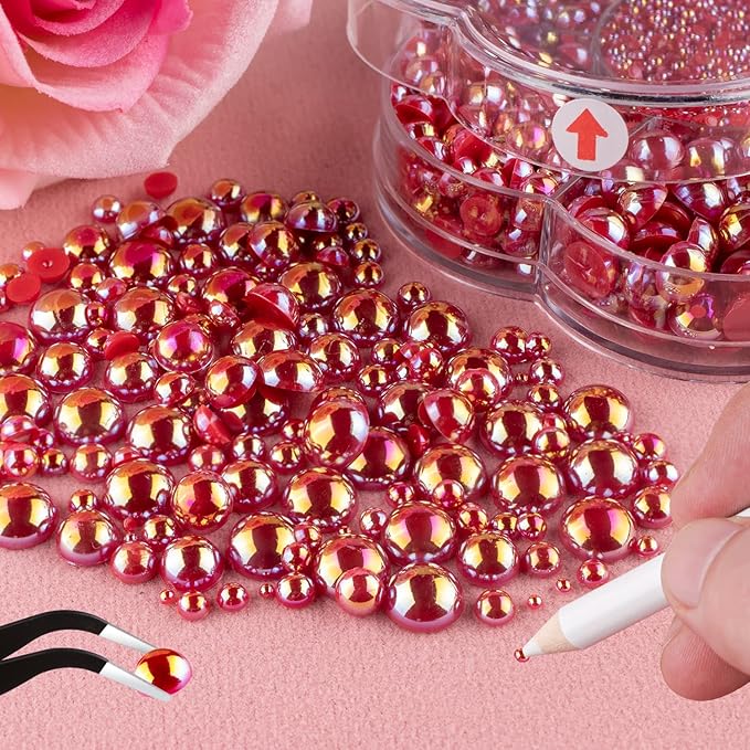 Nail Art Flat Back Half Round Pearl Kits 16, 1 Box of 6000 Pcs Flat-Back Red AB Pearl with Tweezer and Picker Pencil for Home DIY Nails Body Face Craft and Salon Use