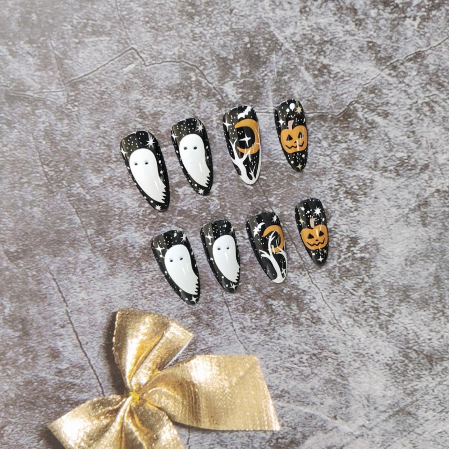 24 Pcs Halloween Press on Nails Almond Medium Fake Nails Halloween False Nails with Ghost & Pumpkin Design Fall Almond Nails Press ons Full Cover Reusable Stick on Nail for Women
