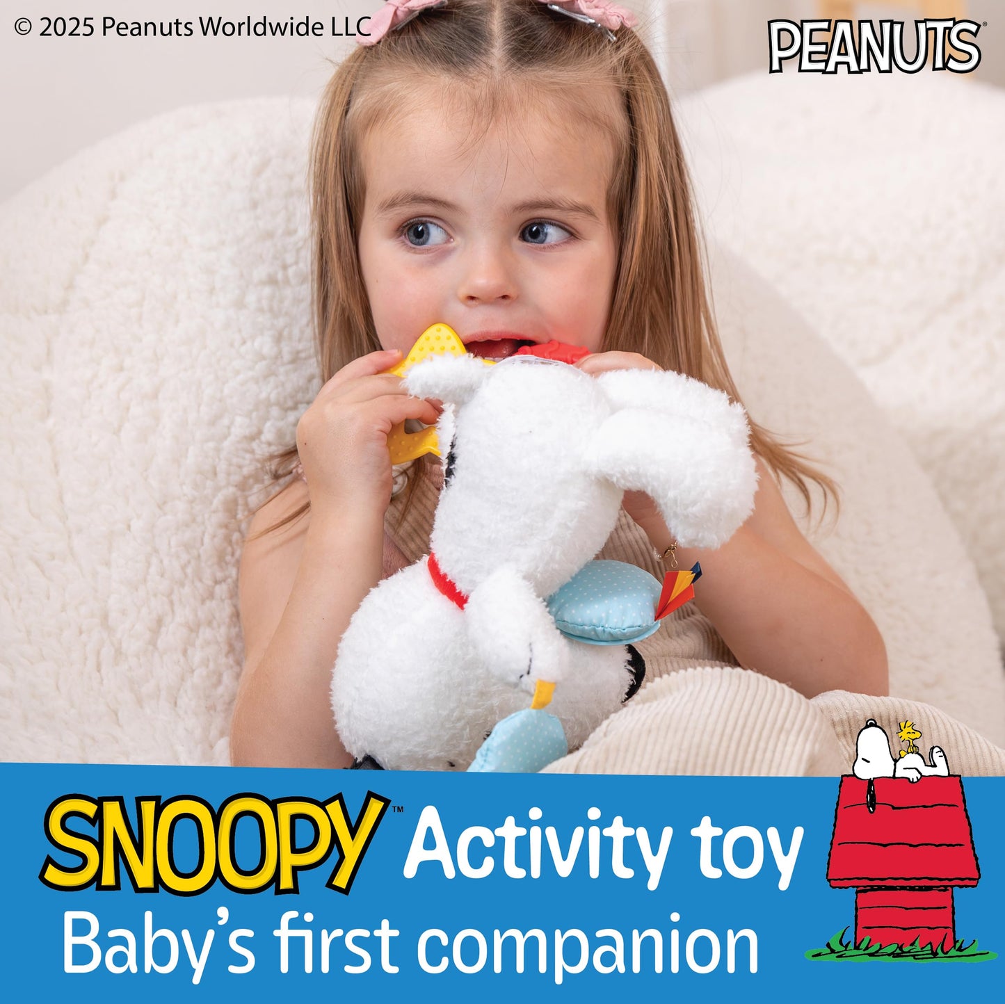 Kids Preferred Peanuts Snoopy Activity Toy - Jingle, Mirror, Teethers, Crinkle, Ribbons, Crinkle, Satin Accents, Soft Plush, On-The-Go Clip, 12 in