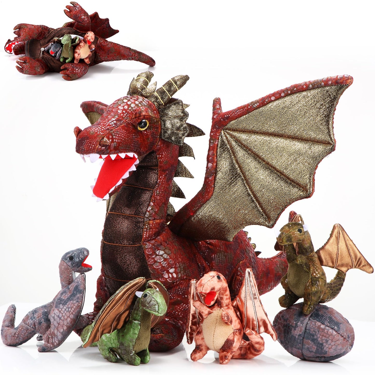 Deekin 7 Pcs Dragon Toy Set 16 Inch Large Dragon Stuffed Animal with 4 Baby Plush and 2 Eggs in Mommy's Belly Dinosaur Plushies Gifts for Boys Girls Birthday(Retro Style)