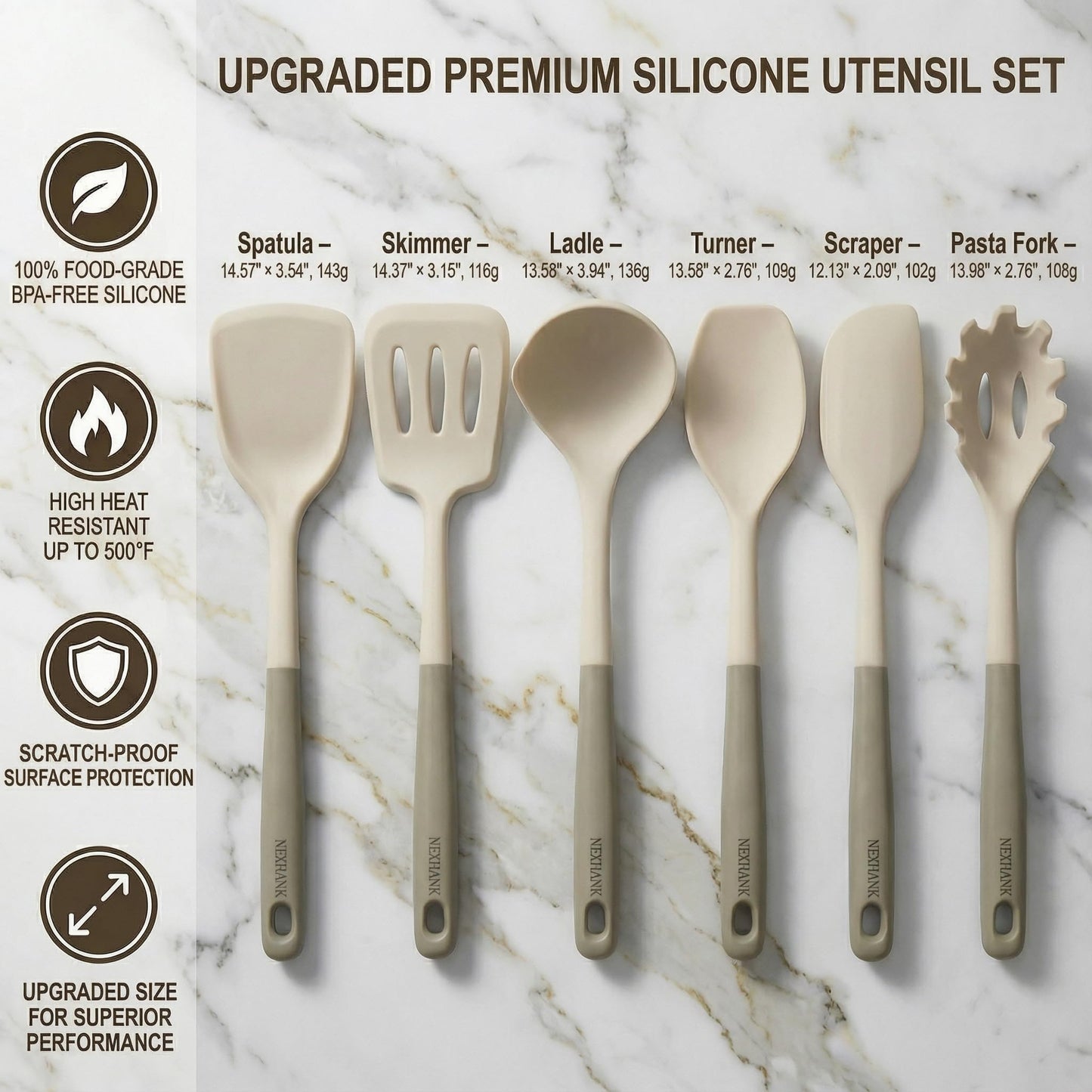Nexhank Silicone Kitchen Utensils Set, 6-Piece NON-PLASTIC 500°F Heat-Resistant BPA-Free Dishwasher Safe Cooking Tools with Upgraded Spatula,Turner Ladle Skimmer Pasta Fork Scraper, Cream White &Mocha