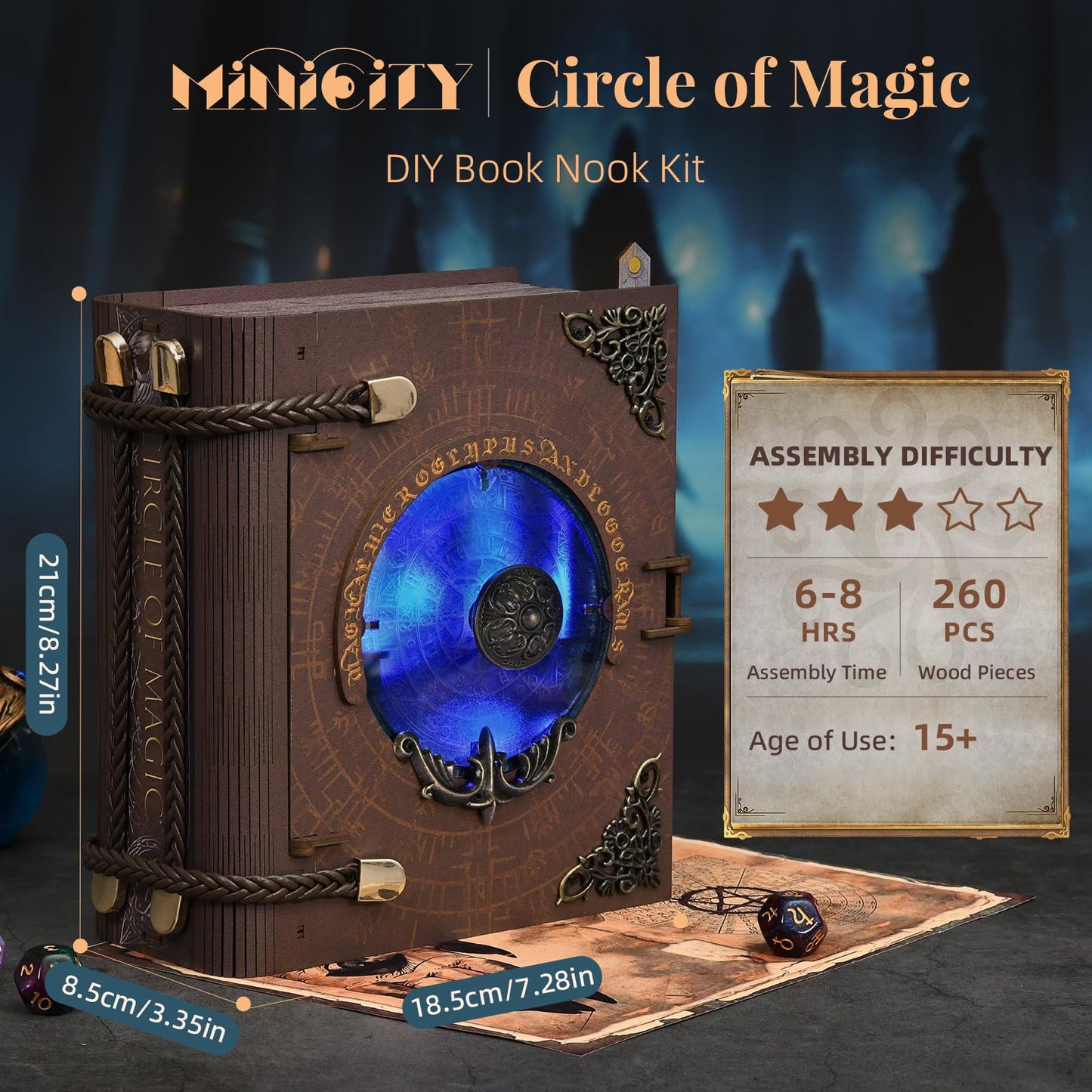 MiniCity Book Nook Kit, DIY Miniature Dollhouse Kit for Adults, Booknook Bookshelf Insert Decor 3D Wooden Puzzle with LED Light Unique Gift for Fantasy Lovers (Circle of Magic)