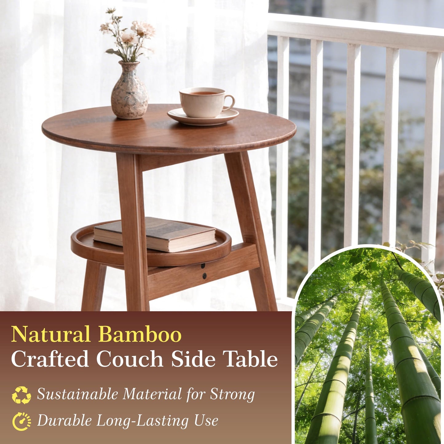 VELOHEIM Bamboo Round Side Table, 2-Tier Small Space End Table with Storage Shelf, Mid-Century Modern Rustic Style Narrow Table for Living Room Bedroom Sofa Side