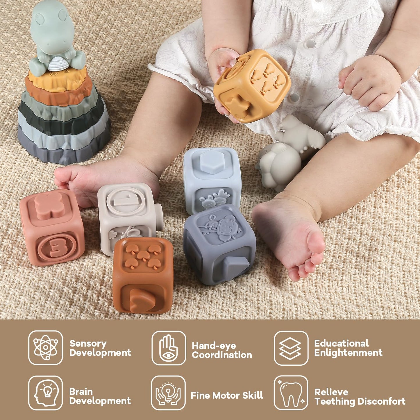 Yrkidstoi Stacking Rings & Nesting Building Blocks for Babies 6 12 18 Months, 14 Pcs Soft Stacker Teething Toys with 2 Dinosaur, Montessori Learning Toys for Infant Toddler Boys Girls