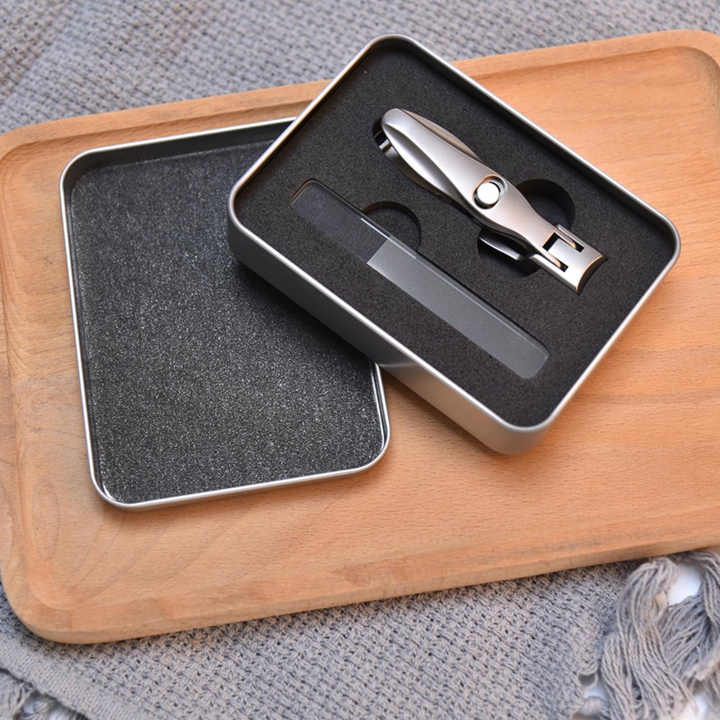 Guowall 2pcs Manicure Set Stainless Steel Nail Clipper and Nano-Glass Nail File Personal Beauty Care Tools with Metal Storage Box