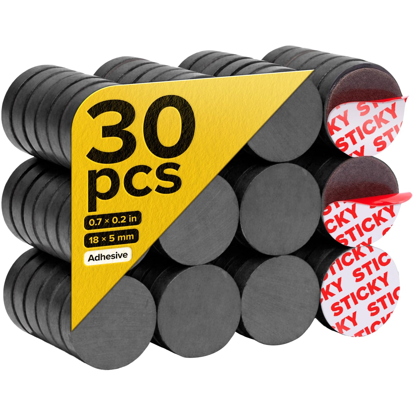 Strong Ceramic Round Magnets with Adhesive Backing (0.7x0.2/18x5mm, 30 pcs) - Heavy Duty Sticky Magnets, Non-Corrosive, Versatile for Home, Office, Workshop, Whiteboard, Fridge and Hobby Use