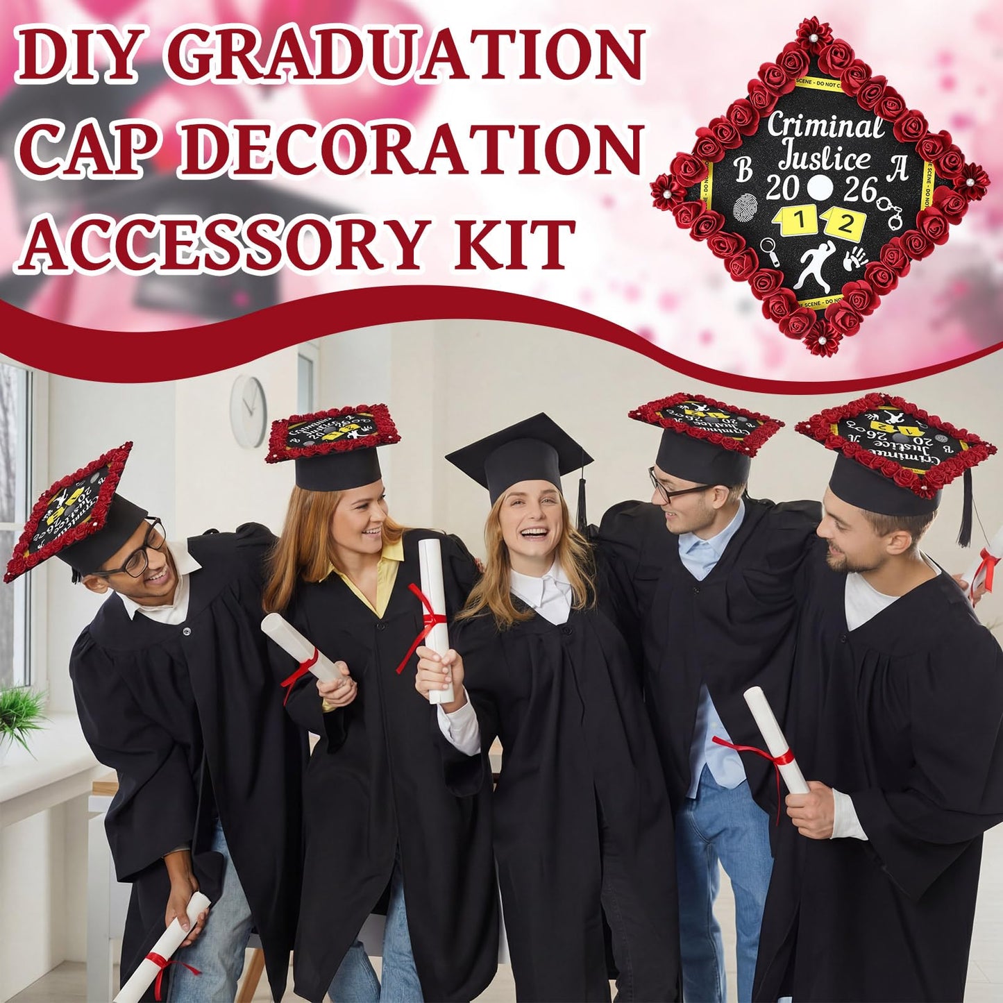 Dunzoom 39 Pcs Criminal Justice DIY Graduation Cap Decorations Set Grad Cap Topper Artificial Flowers Crime Scene-themed Number & Letter Stickers for Wreath Grad Hap Graduation Ceremony Party Supplies