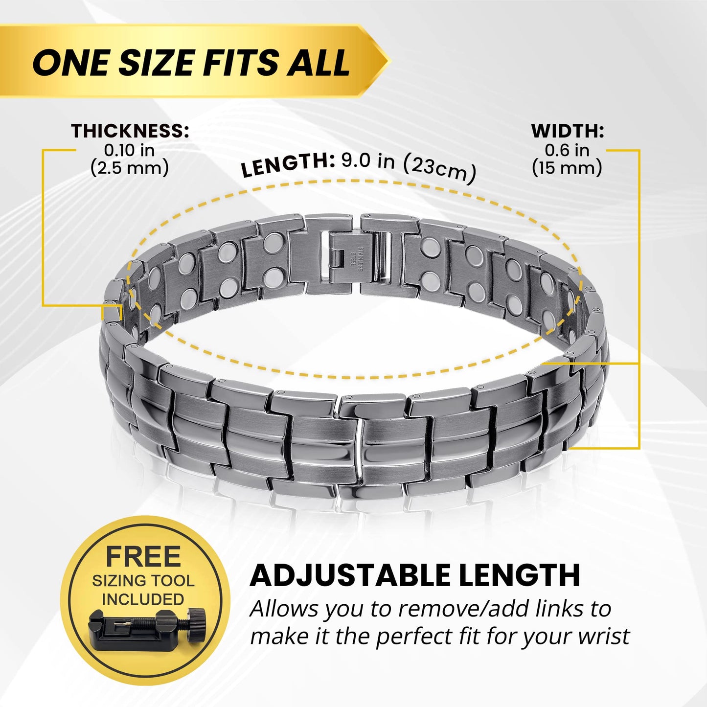 MagnetRX® Ultra Strength Magnetic Bracelet - Effective Stainless Steel Magnetic Bracelets for Men - Adjustable Bracelet Length with Sizing Tool for Perfect Fit (Gunmetal)