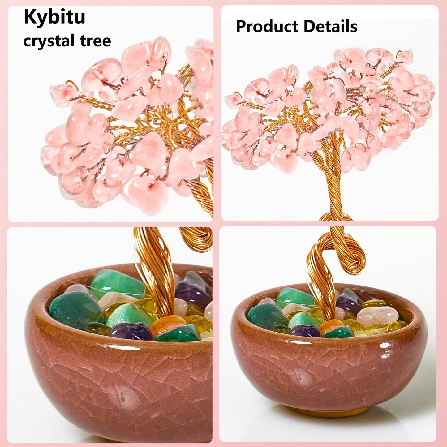 Rose Quartz Crystal Tree,Handmade Love Tree for Romance, Emotional Healing Feng Shui Crystal Tree with Copper Wire and Ceramic Base, Office Desk Decor, Birthday Gift for Women
