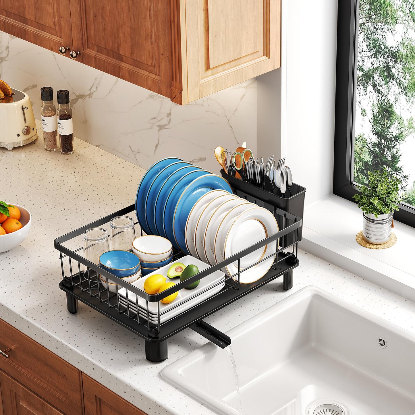 SNTD Dish Drying Rack - Space-Saving Dish Rack for Kitchen Counter, Stainless Steel Dish Drainer with Utensil Holder and Drainboard, 11" W x 15" L (Black)