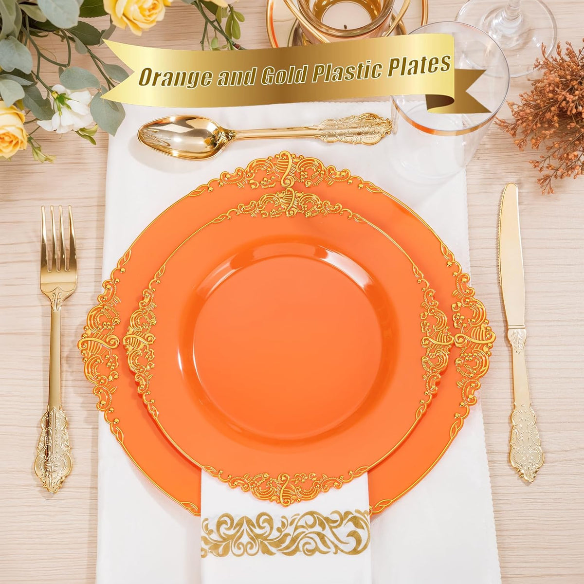 Nervure 175PCS Orange Plastic Plates - Orange and Gold Disposable Plates for 25 Guests Include 50Plates, 25Cups, 25Forks, 25Knives, 25Spoons, 25Napkins for Wedding & Party