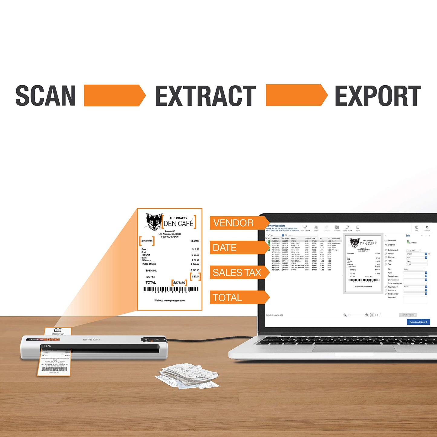 Epson RapidReceipt RR-60 Mobile Tax Receipt and Color Document Scanner with Complimentary Data Management Software for PC & Mac
