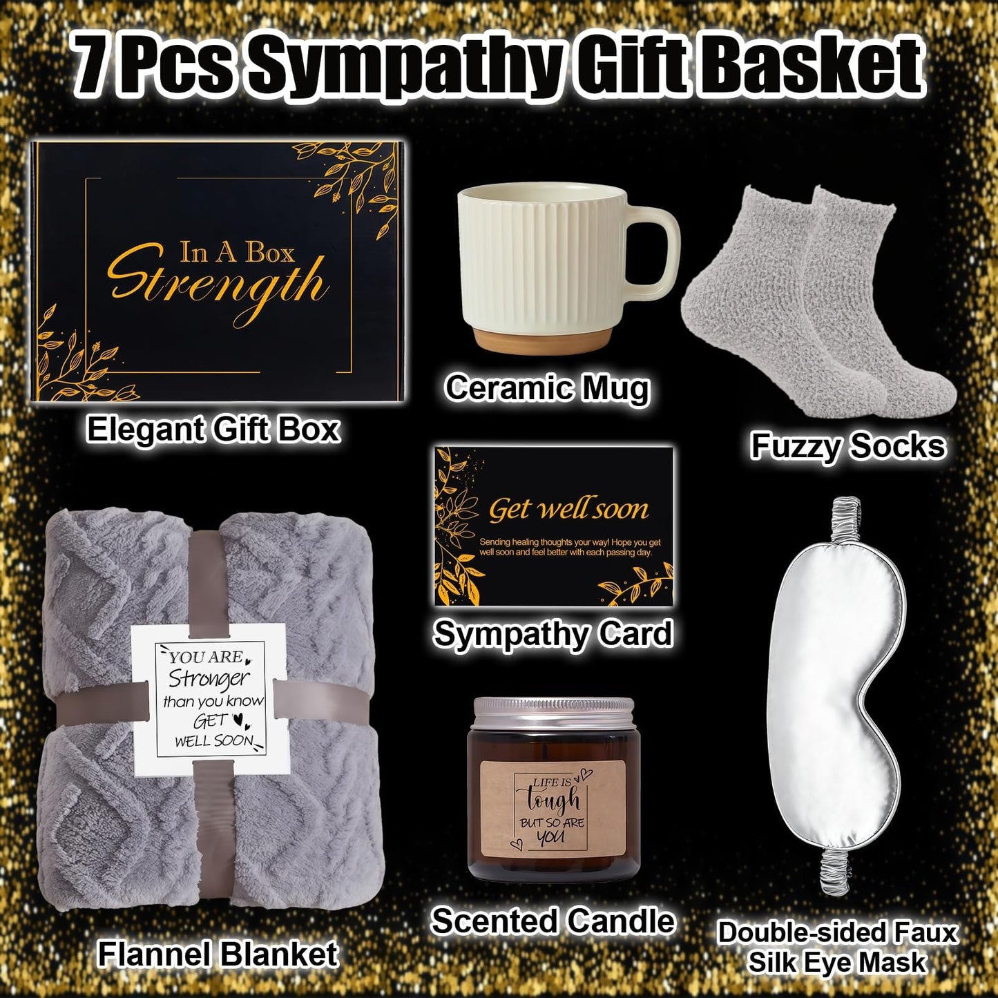 Get Well Soon Gifts for Men Care Package with Blanket, Socks, Eye Mask, Mug, Scented Candle, After Surgery, Sympathy Gift Baskets for Sick Him Brother Relatives Friends (Black)