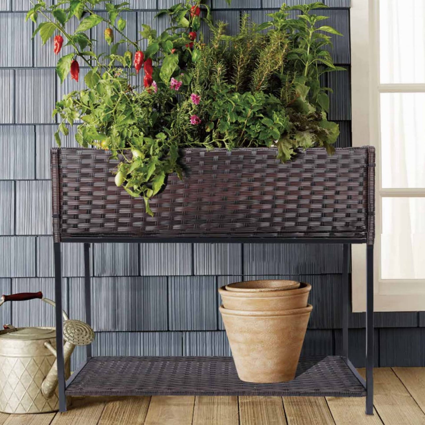 Chonsun Raised Garden Bed - 3x1.5x2.5 ft Rattan Raised Bed Wicker Elevated Raised Garden Bed with Underneath Tool Storage Rack Shelf, Outdoor Raised Flower Planter Box