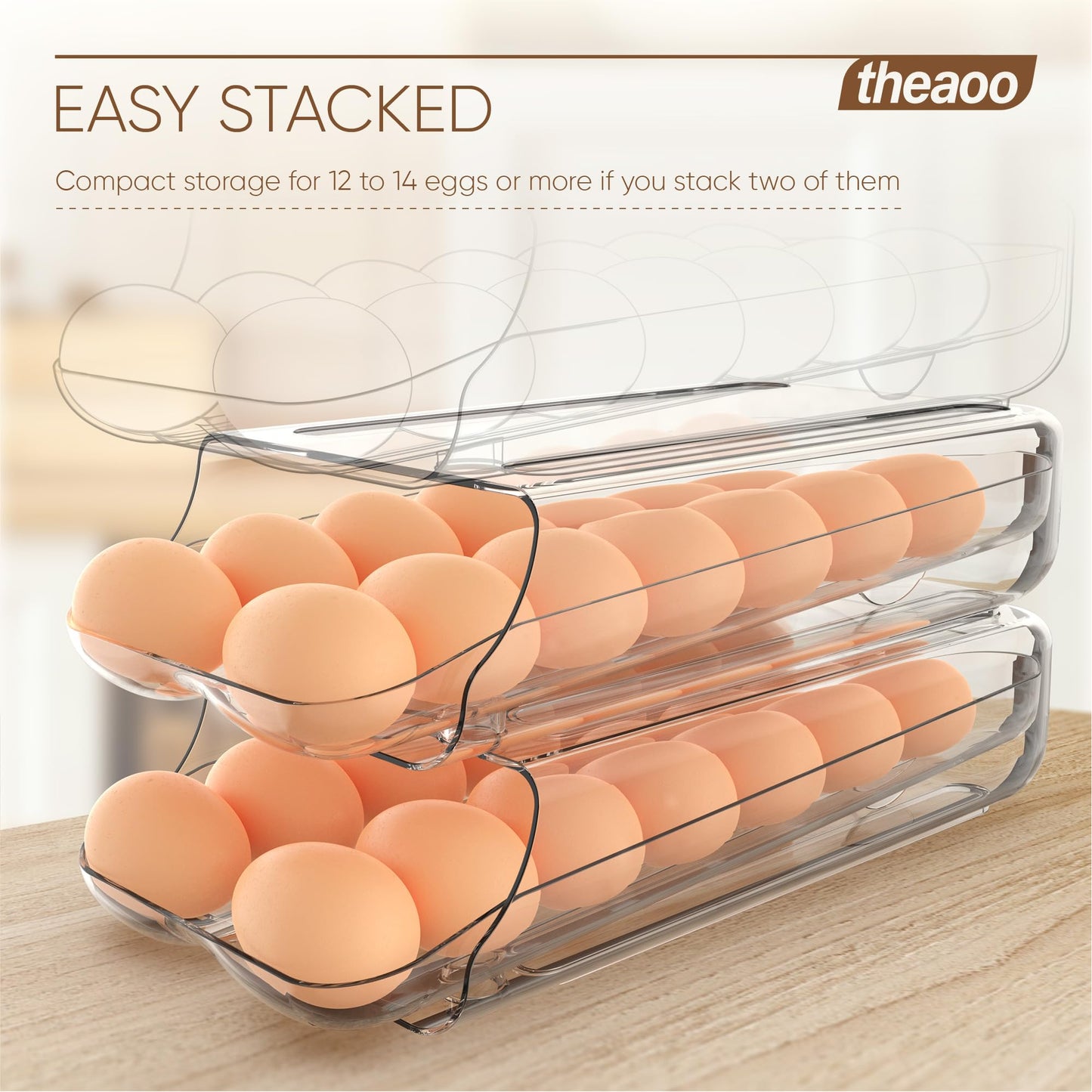 theaoo Egg Holder for Fridge, Automatic Rolling Egg Container for Refrigerator, Clear Plastic Egg Dispenser, Stackable Eggs Organizer with Quick Removable inner Tray For Organizers and Storage, 2 Pack