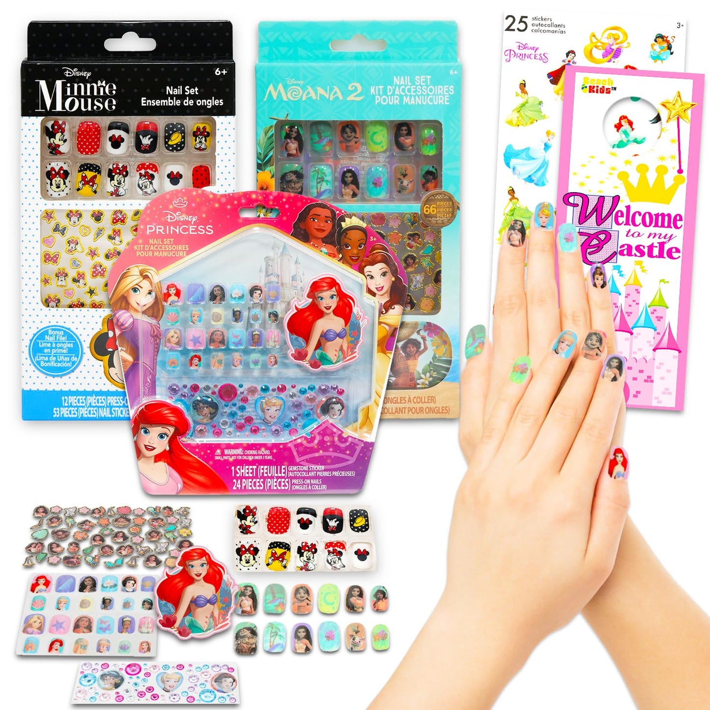 Disney Nail Art Stickers Set - Bundle 190+ Stick-On Nails and Stickers Featuring Disney Princesses, Moana, Minnie Mouse | Dress Up Accessories Kit