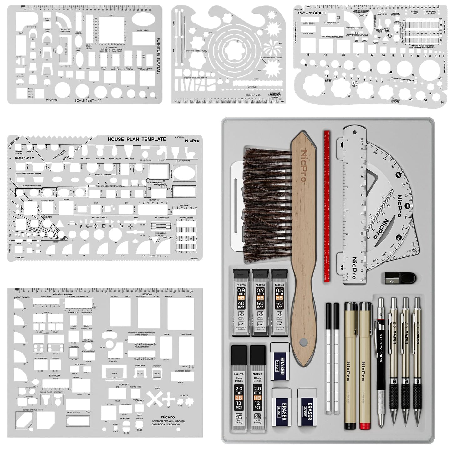 Nicpro 30PCS Professional Drafting Tools & Geometry Set with Case, Architect Protractor Set, Metal Mechanical Pencils, Pen, Scale Ruler Metal Ruler, 5 Drawing Templates for Interior Design House Plan