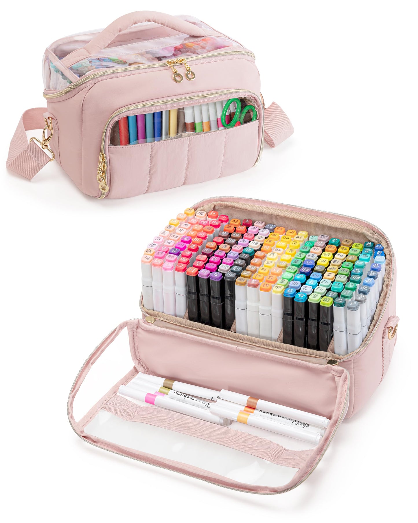 Marscamd Quilted Marker Organizer Case Holds 180 Markers, Marker Storage Organizer Bag with Dividers and Detachable Crossbody Strap (Bag Only), Pink