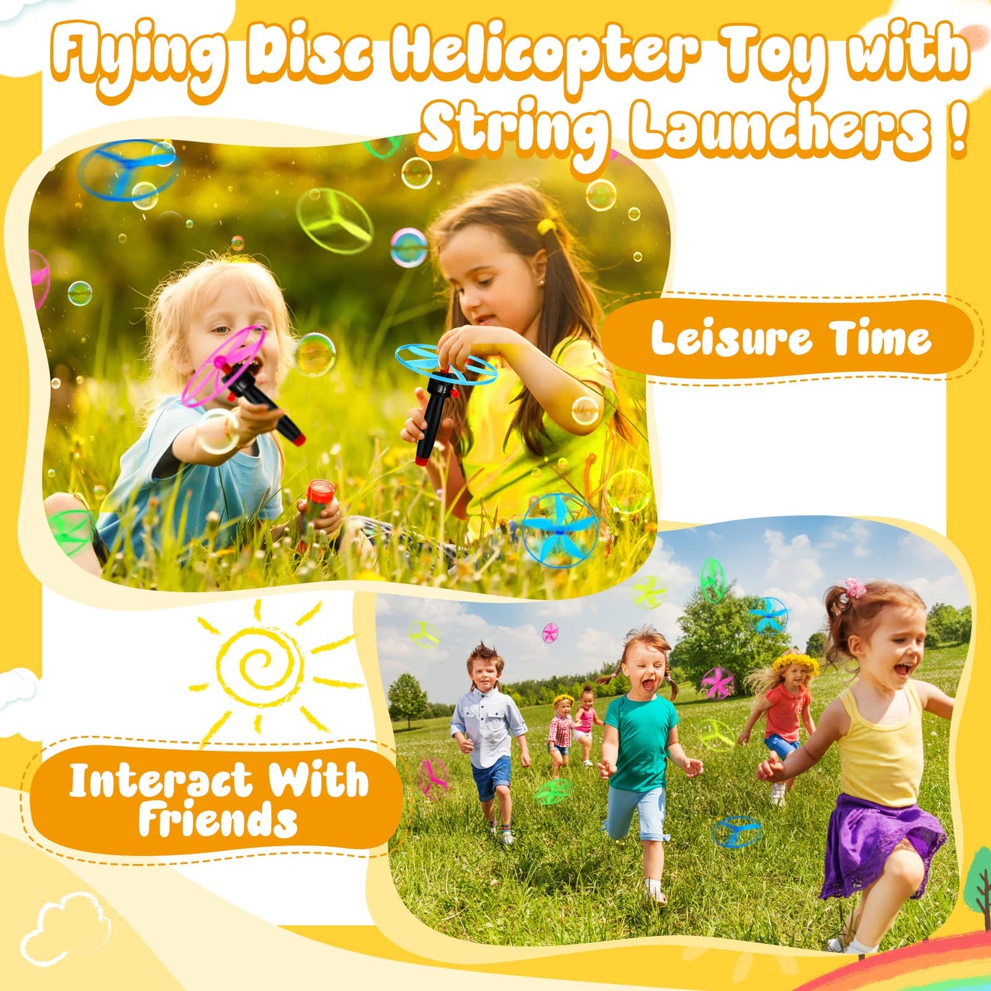 Meooeck Disk Helicopter Toy Disco Flyers Include 12 String Launchers and 24 Flying Saucer Disk Launcher Toy Fly Toys for Outdoor Activity Little Teens Birthday Party Favors(36 Pcs)