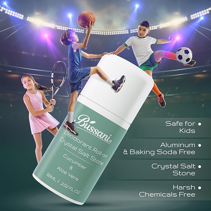 Bussani Deodorant Roll-On Crystal Salt Stone – For Girls, Kids, Boys | Aluminum & Baking Soda Free | 24-Hour Odor Protection | Cucumber & Aloe Vera Scent | 2.02 fl oz | Pack of 3