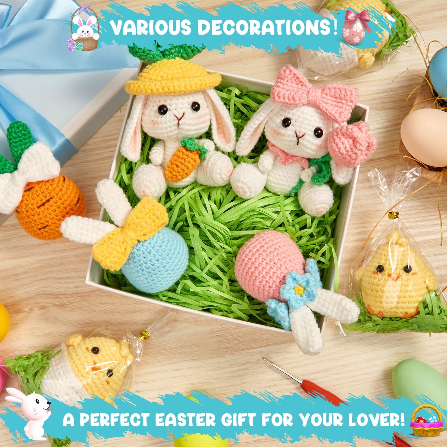 MAGIMUSE Crochet Kit for Beginners, Crochet Starter Kits for Adults Amigurumi Craft Knitting Crochet Animals Kits w Step-by-Step Video Tutorials, Easter Bunny/Chick/Eggs(40%+ Yarn)