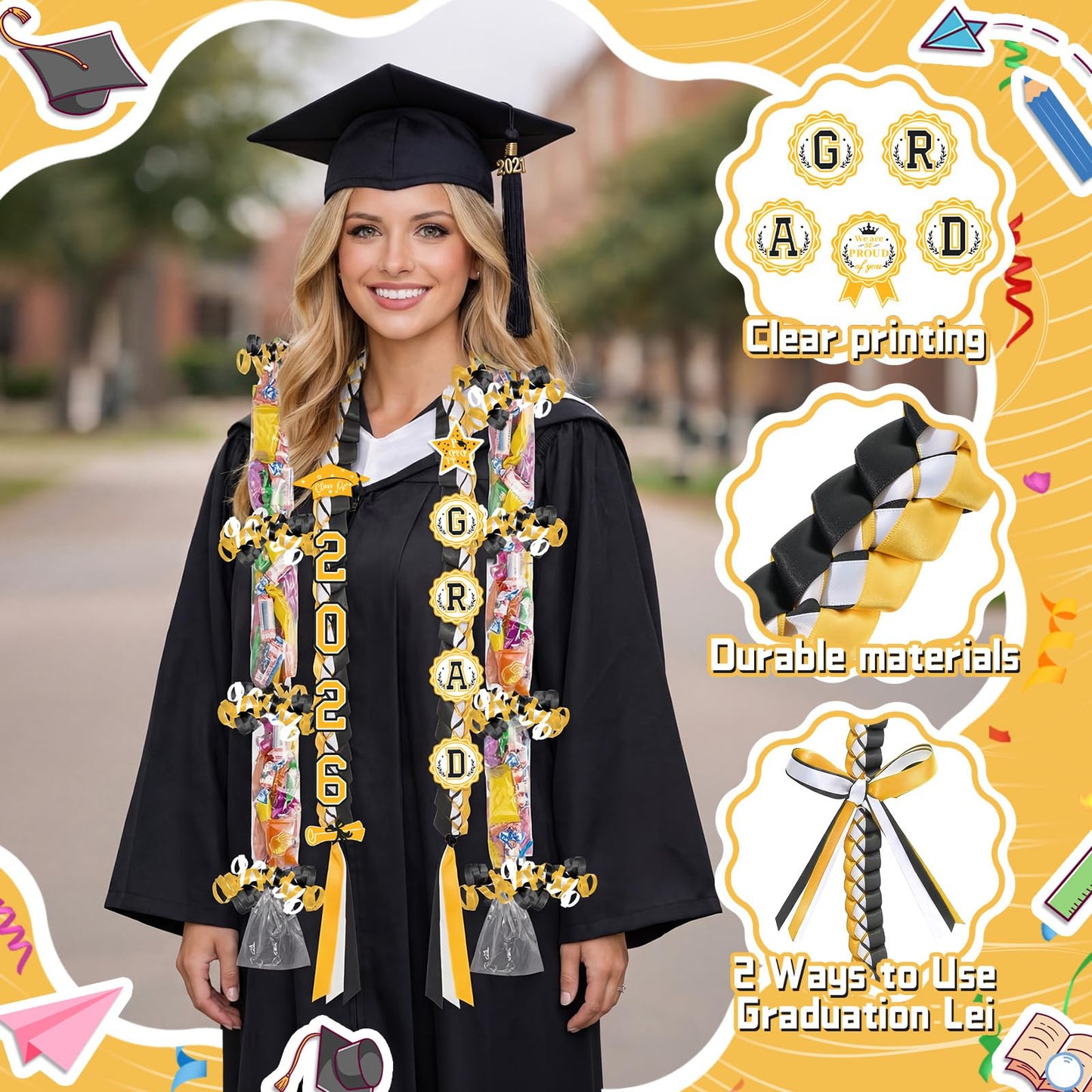 JenPen Graduation Ribbon Lei 2026 Candy Money Lei Kit with Card Double Braided Leis Class of 2026 Grad Gift for Party(Black,White,Gold)