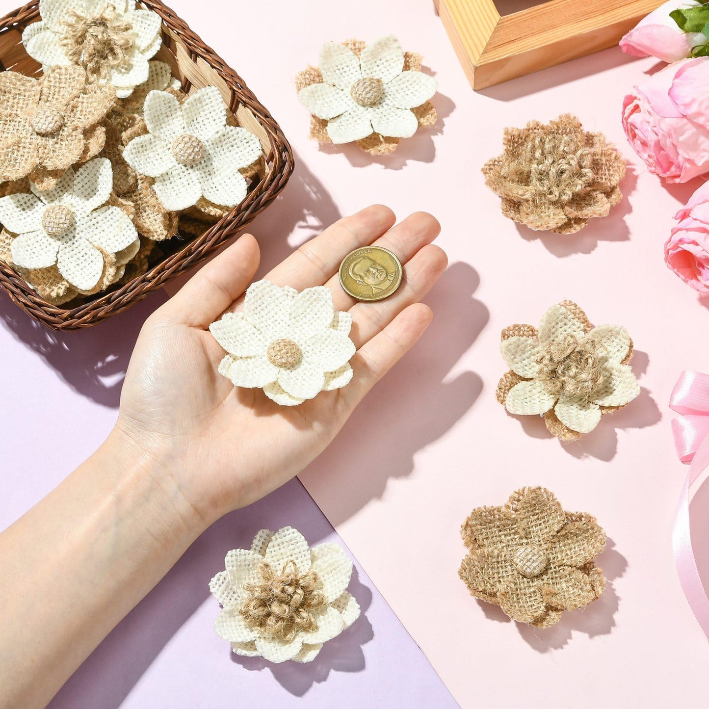 LiQunSweet 24 Pcs 6 Styles Handmade Natural Burlap 3D Fabric Flowers Burlap Rustic Ornament Accessories for Hat DIY Handmade Crafts Home Embellishment Wedding Party Decoration